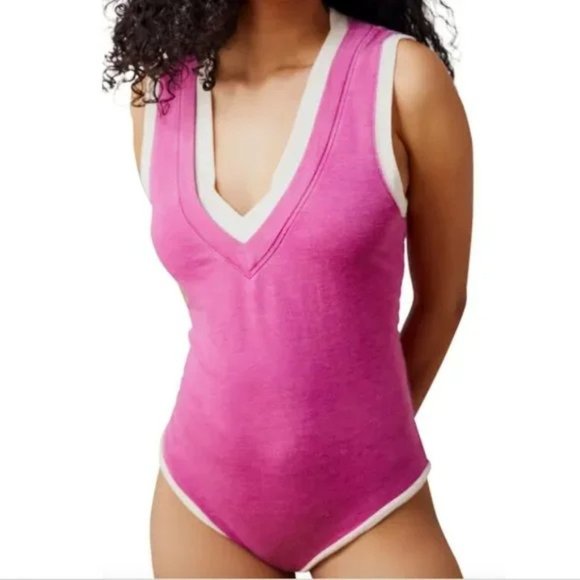 NWT Free People Cozy Girl Tank Bodysuit / Dragonfruit LARGE Preppy Retro - Picture 1 of 8